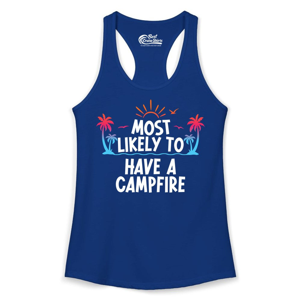 Most Likely to Have a Campfire Shirt - Tropical Camping Tee (Ladies Tank) in Solid Royal - Most Likely to Have a Campfire Tropical Sunset Palm Trees Shirt