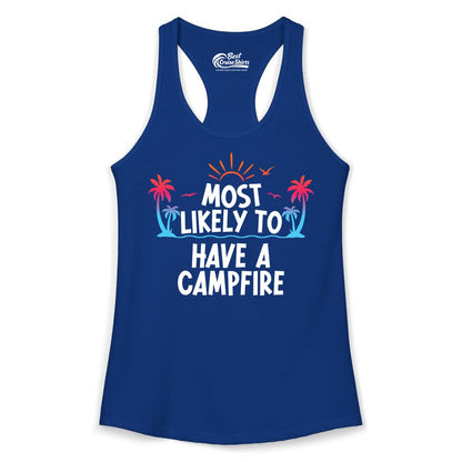 Most Likely to Have a Campfire Shirt - Tropical Camping Tee (Ladies Tank) in Solid Royal - Most Likely to Have a Campfire Tropical Sunset Palm Trees Shirt