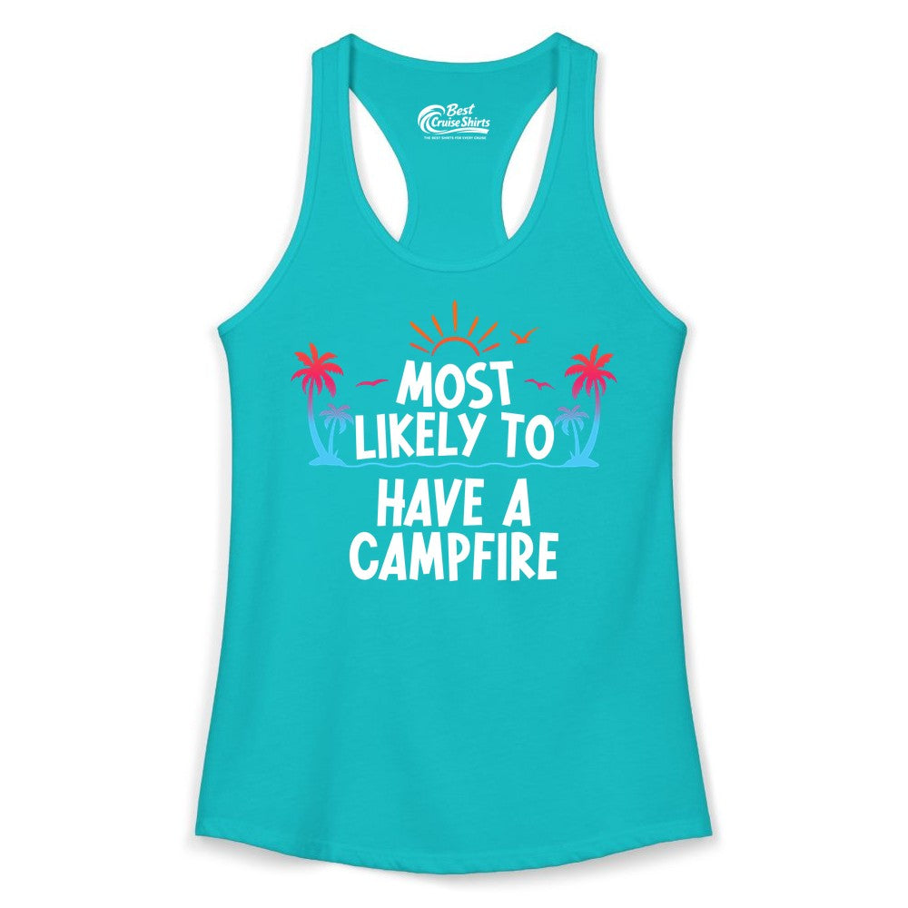 Most Likely to Have a Campfire Shirt - Tropical Camping Tee (Ladies Tank) in Tahiti Blue - Most Likely to Have a Campfire Tropical Sunset Palm Trees Shirt