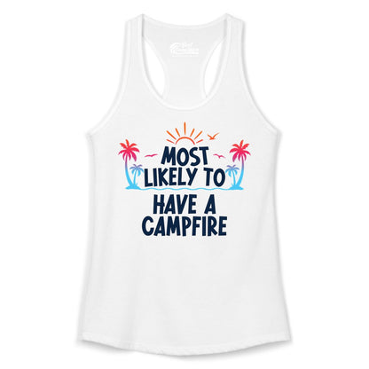 Most Likely to Have a Campfire Shirt - Tropical Camping Tee (Ladies Tank) in White - Most Likely to Have a Campfire Tropical Sunset Palm Trees Shirt
