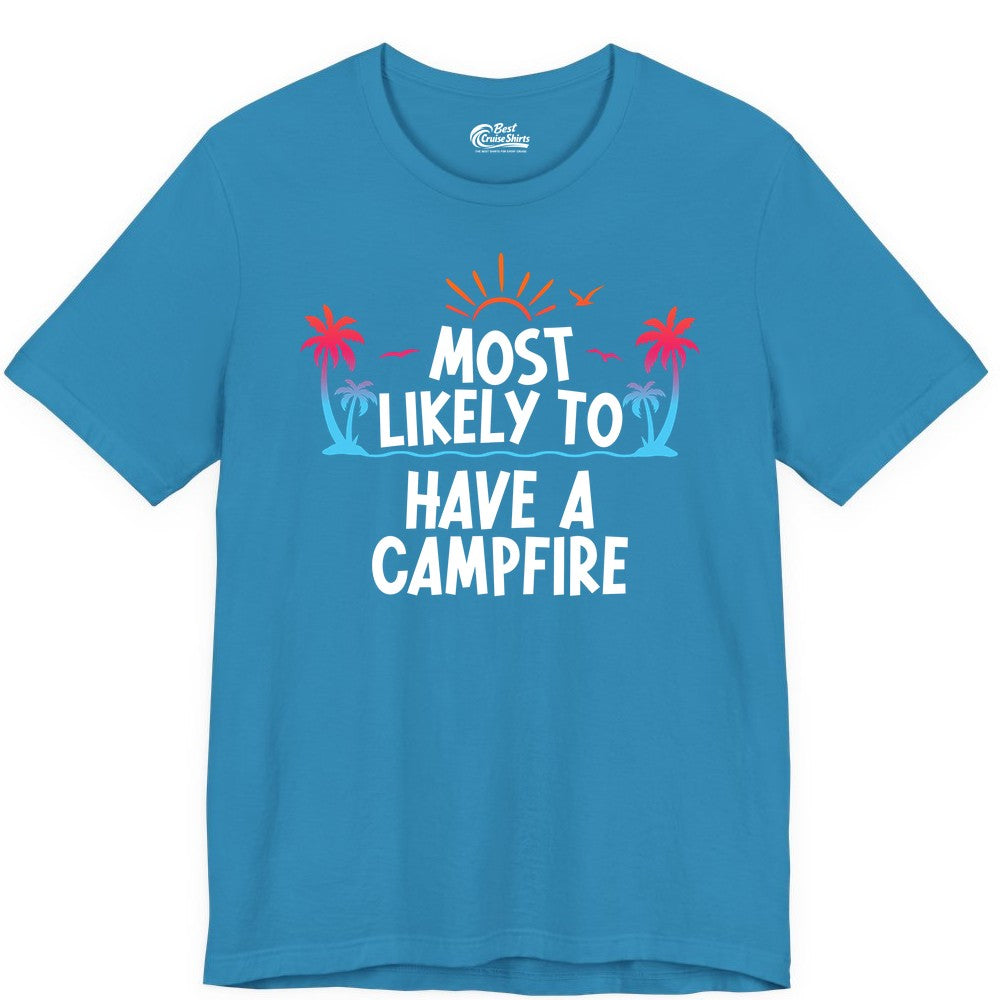 Most Likely to Have a Campfire Shirt - Tropical Camping Tee (Premium Tee) in Aqua - Most Likely to Have a Campfire Tropical Sunset Palm Trees Shirt