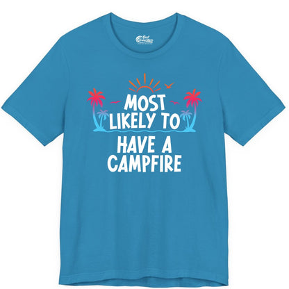 Most Likely to Have a Campfire Shirt - Tropical Camping Tee (Premium Tee) in Aqua - Most Likely to Have a Campfire Tropical Sunset Palm Trees Shirt