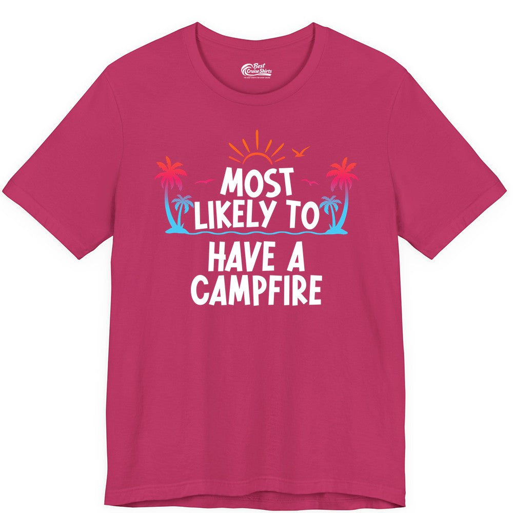 Most Likely to Have a Campfire Shirt - Tropical Camping Tee (Premium Tee) in Berry - Most Likely to Have a Campfire Tropical Sunset Palm Trees Shirt