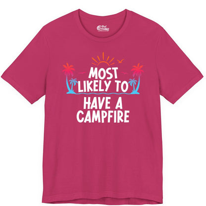 Most Likely to Have a Campfire Shirt - Tropical Camping Tee (Premium Tee) in Berry - Most Likely to Have a Campfire Tropical Sunset Palm Trees Shirt