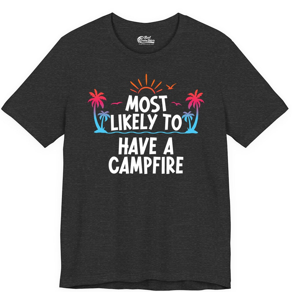 Most Likely to Have a Campfire Shirt - Tropical Camping Tee (Premium Tee) in Dark Grey Heather - Most Likely to Have a Campfire Tropical Sunset Palm Trees Shirt