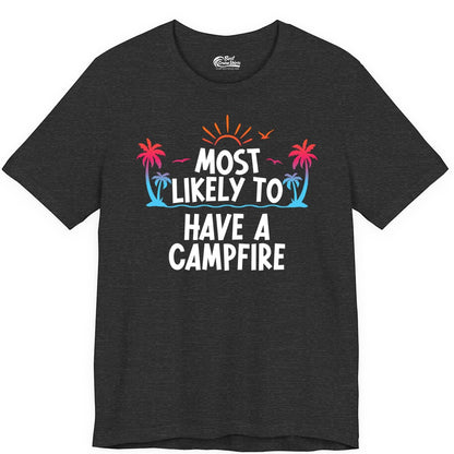 Most Likely to Have a Campfire Shirt - Tropical Camping Tee (Premium Tee) in Dark Grey Heather - Most Likely to Have a Campfire Tropical Sunset Palm Trees Shirt