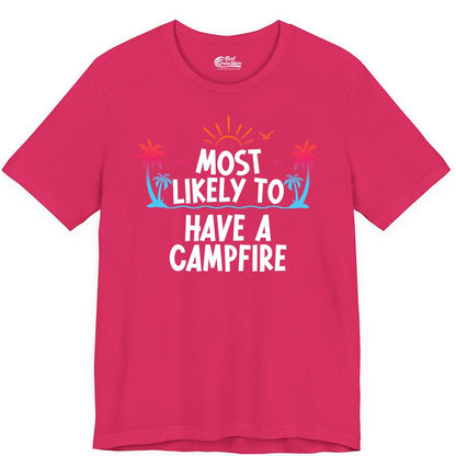 Most Likely to Have a Campfire Shirt - Tropical Camping Tee (Premium Tee) in Fuchsia - Most Likely to Have a Campfire Tropical Sunset Palm Trees Shirt