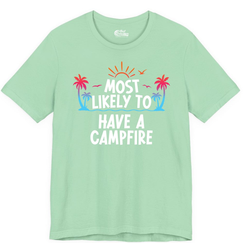 Most Likely to Have a Campfire Shirt - Tropical Camping Tee (Premium Tee) in Mint - Most Likely to Have a Campfire Tropical Sunset Palm Trees Shirt