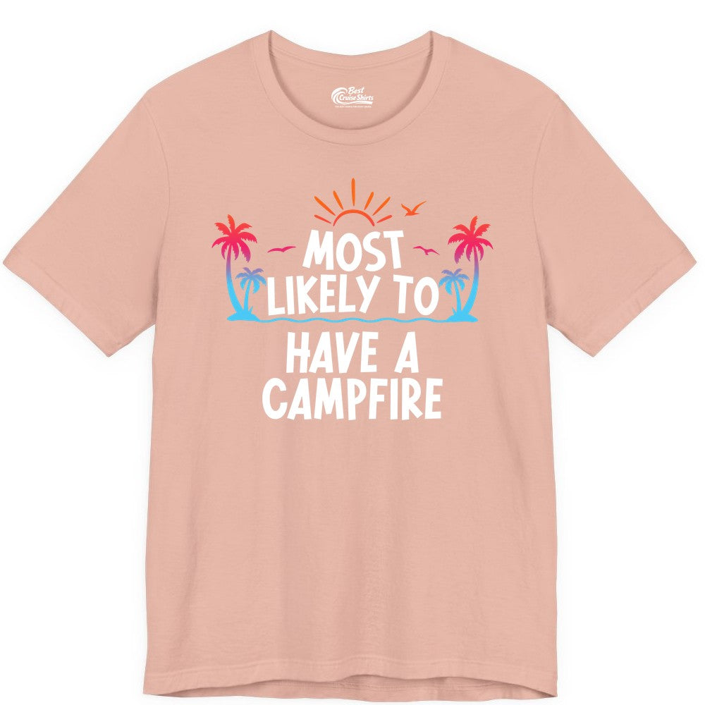 Most Likely to Have a Campfire Shirt - Tropical Camping Tee (Premium Tee) in Peach - Most Likely to Have a Campfire Tropical Sunset Palm Trees Shirt