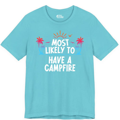 Most Likely to Have a Campfire Shirt - Tropical Camping Tee (Premium Tee) in Turquoise - Most Likely to Have a Campfire Tropical Sunset Palm Trees Shirt