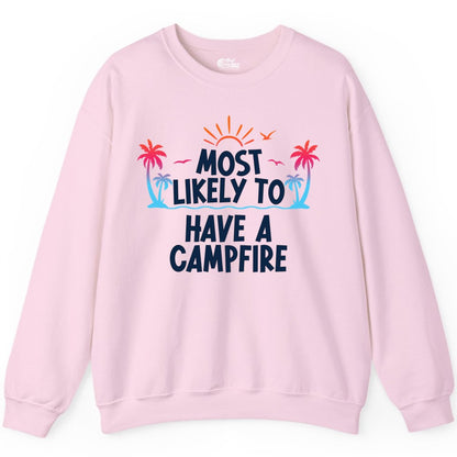 Most Likely to Have a Campfire Shirt - Tropical Camping Tee (Sweatshirt) in Light Pink - Most Likely to Have a Campfire Tropical Sunset Palm Trees Shirt