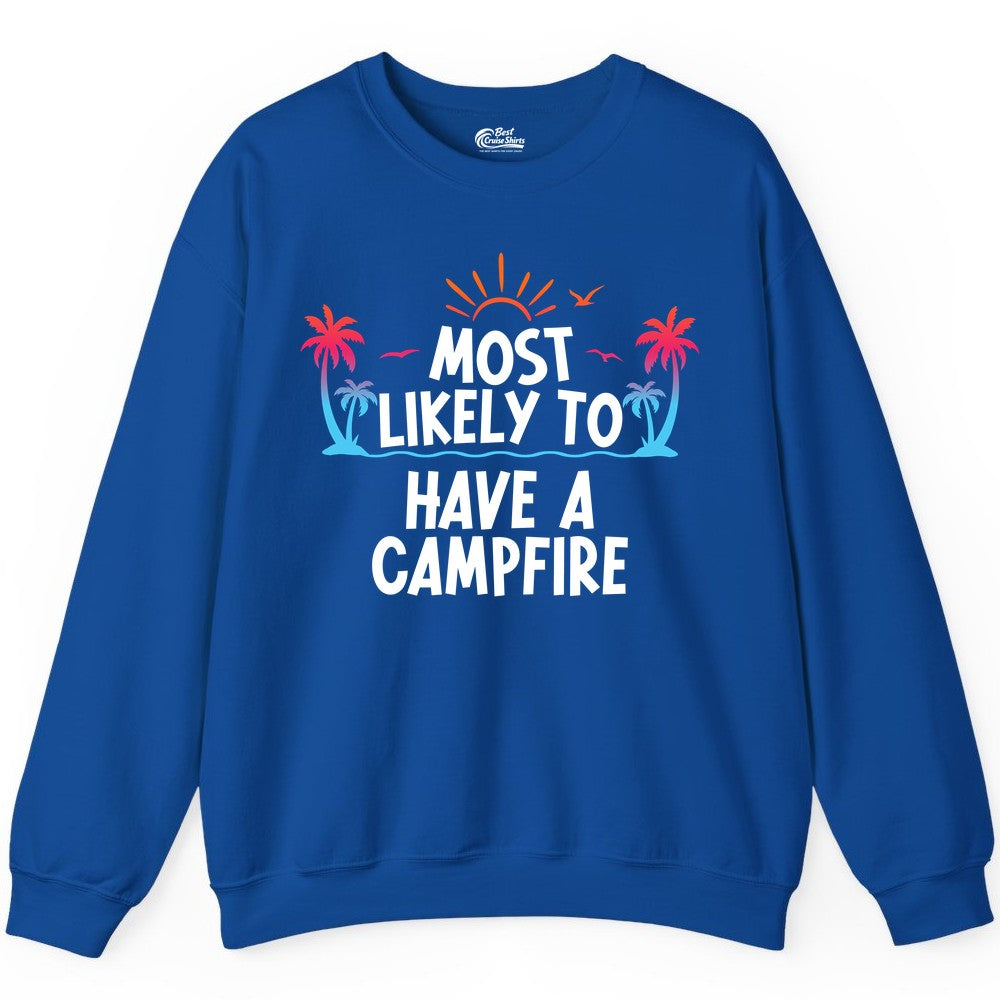 Most Likely to Have a Campfire Shirt - Tropical Camping Tee (Sweatshirt) in Royal - Most Likely to Have a Campfire Tropical Sunset Palm Trees Shirt