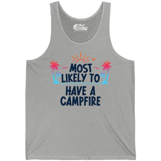 Most Likely to Have a Campfire Shirt - Tropical Camping Tee (Tank Top) in Athletic Heather - Most Likely to Have a Campfire Tropical Sunset Palm Trees Shirt
