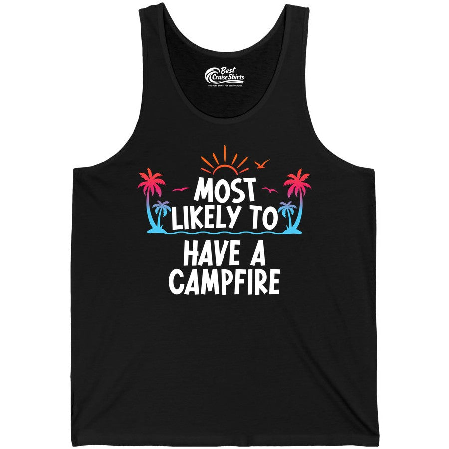 Most Likely to Have a Campfire Shirt - Tropical Camping Tee (Tank Top) in Black - Most Likely to Have a Campfire Tropical Sunset Palm Trees Shirt
