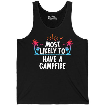 Most Likely to Have a Campfire Shirt - Tropical Camping Tee (Tank Top) in Black - Most Likely to Have a Campfire Tropical Sunset Palm Trees Shirt
