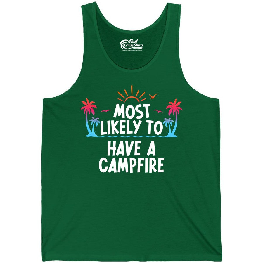 Most Likely to Have a Campfire Shirt - Tropical Camping Tee (Tank Top) in Kelly - Most Likely to Have a Campfire Tropical Sunset Palm Trees Shirt