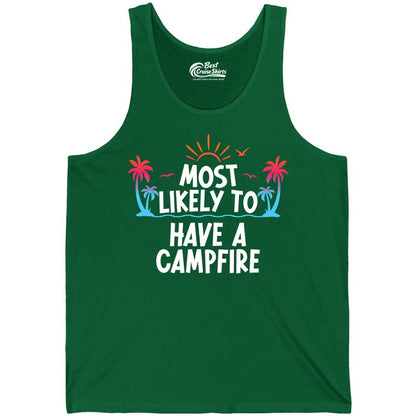 Most Likely to Have a Campfire Shirt - Tropical Camping Tee (Tank Top) in Kelly - Most Likely to Have a Campfire Tropical Sunset Palm Trees Shirt
