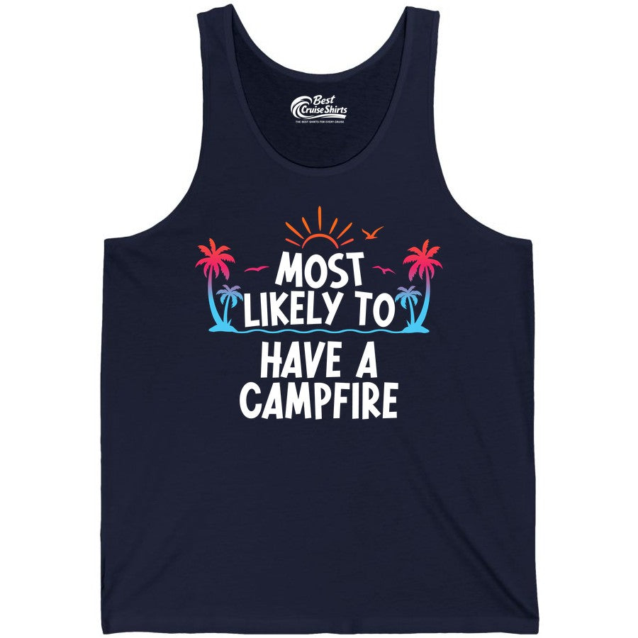 Most Likely to Have a Campfire Shirt - Tropical Camping Tee (Tank Top) in Navy - Most Likely to Have a Campfire Tropical Sunset Palm Trees Shirt