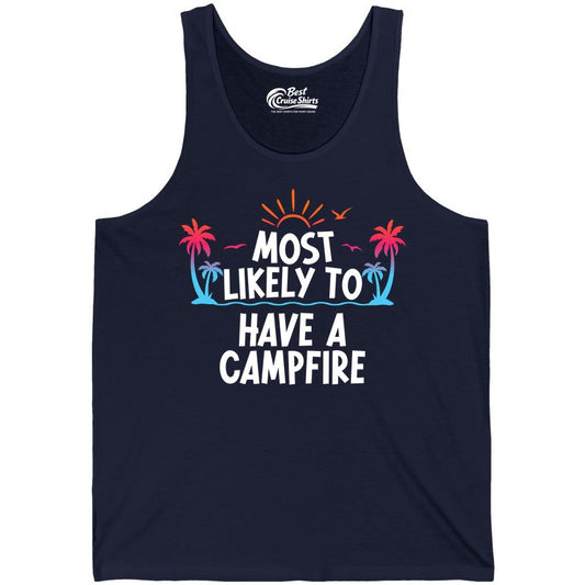 Most Likely to Have a Campfire Shirt - Tropical Camping Tee (Tank Top) in Navy - Most Likely to Have a Campfire Tropical Sunset Palm Trees Shirt