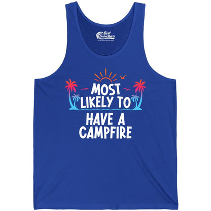 Most Likely to Have a Campfire Shirt - Tropical Camping Tee (Tank Top) in True Royal - Most Likely to Have a Campfire Tropical Sunset Palm Trees Shirt