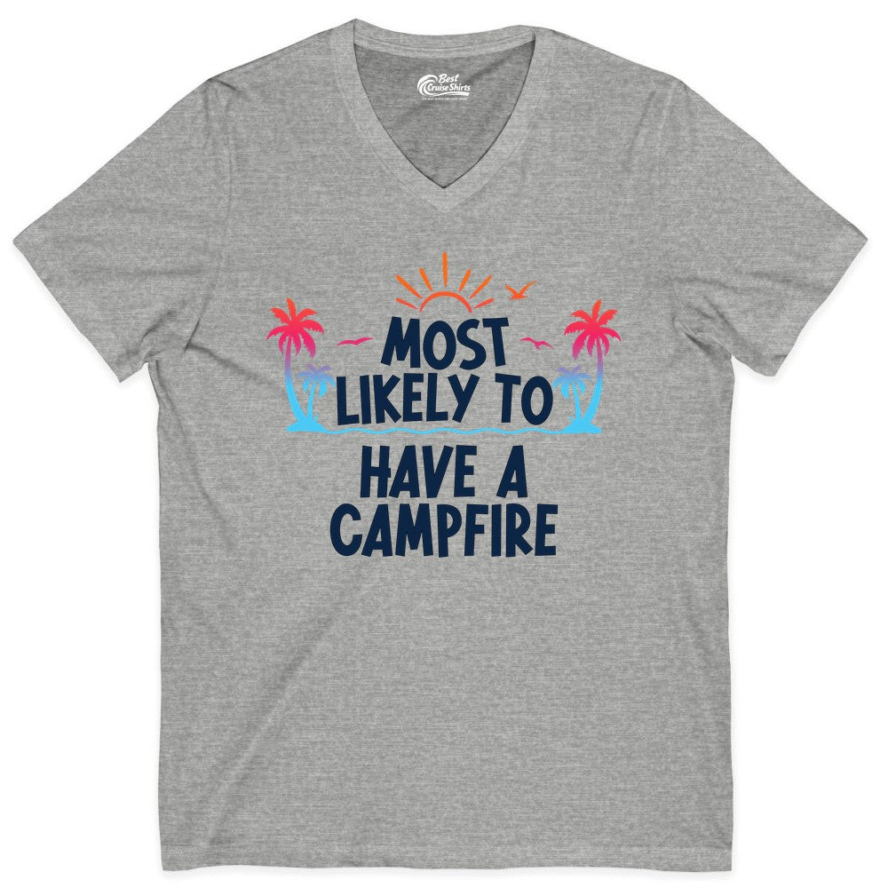 Most Likely to Have a Campfire Shirt - Tropical Camping Tee (V-Neck) in Athletic Heather - Most Likely to Have a Campfire Tropical Sunset Palm Trees Shirt