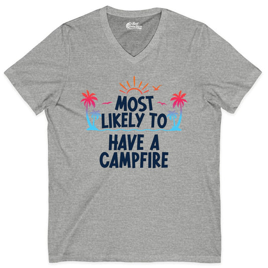 Most Likely to Have a Campfire Shirt - Tropical Camping Tee (V-Neck) in Athletic Heather - Most Likely to Have a Campfire Tropical Sunset Palm Trees Shirt