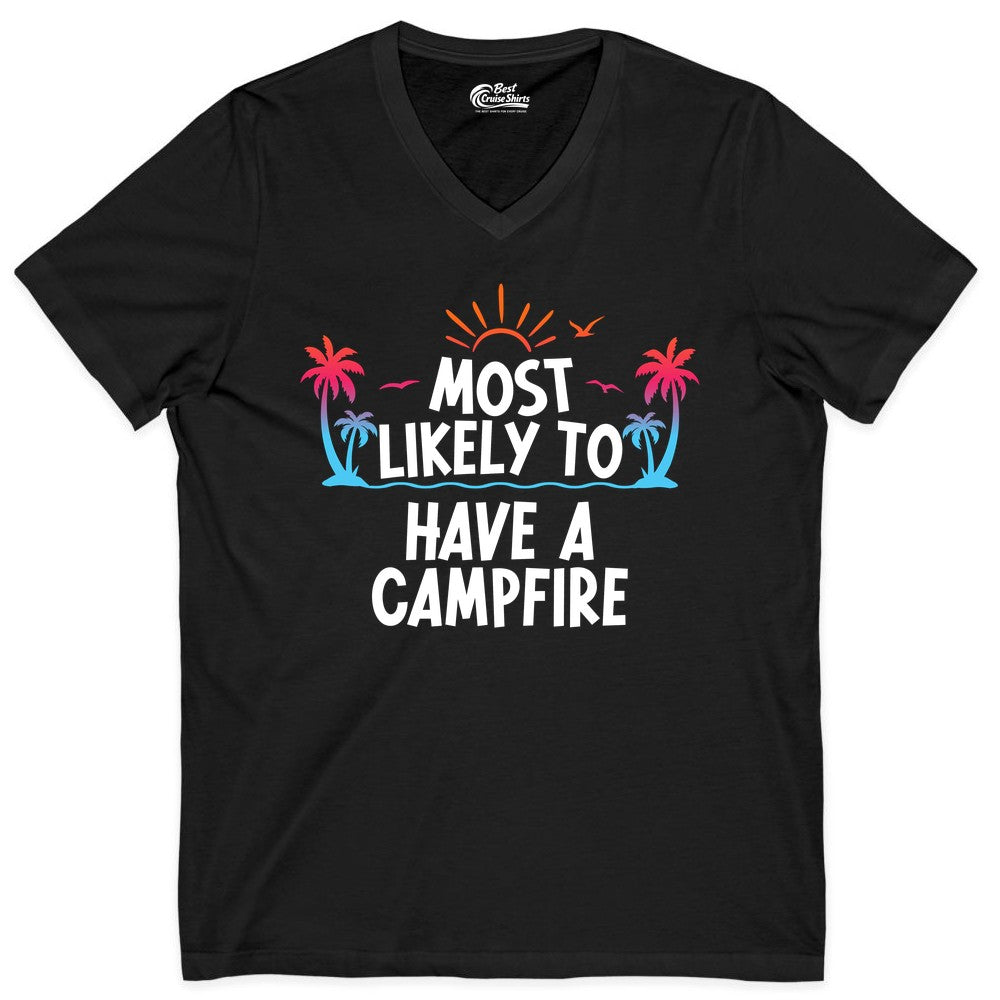Most Likely to Have a Campfire Shirt - Tropical Camping Tee (V-Neck) in Black - Most Likely to Have a Campfire Tropical Sunset Palm Trees Shirt