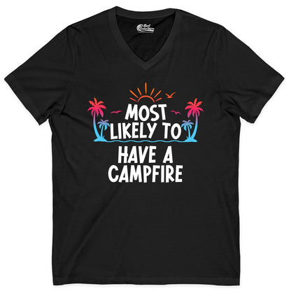 Most Likely to Have a Campfire Shirt - Tropical Camping Tee (V-Neck) in Black - Most Likely to Have a Campfire Tropical Sunset Palm Trees Shirt