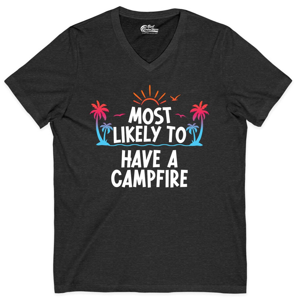 Most Likely to Have a Campfire Shirt - Tropical Camping Tee (V-Neck) in Dark Grey Heather - Most Likely to Have a Campfire Tropical Sunset Palm Trees Shirt