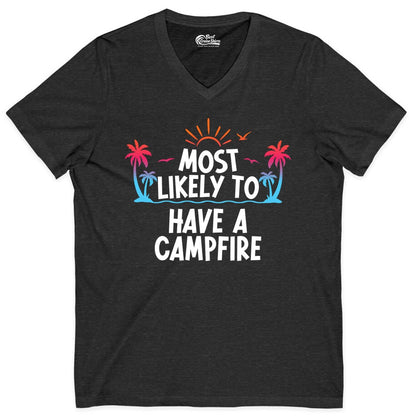 Most Likely to Have a Campfire Shirt - Tropical Camping Tee (V-Neck) in Dark Grey Heather - Most Likely to Have a Campfire Tropical Sunset Palm Trees Shirt