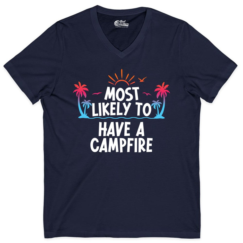 Most Likely to Have a Campfire Shirt - Tropical Camping Tee (V-Neck) in Navy - Most Likely to Have a Campfire Tropical Sunset Palm Trees Shirt