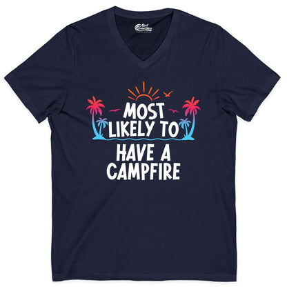 Most Likely to Have a Campfire Shirt - Tropical Camping Tee (V-Neck) in Navy - Most Likely to Have a Campfire Tropical Sunset Palm Trees Shirt