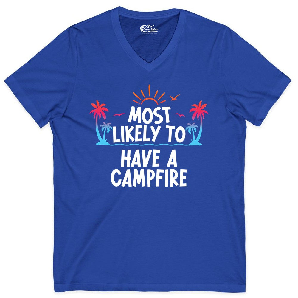Most Likely to Have a Campfire Shirt - Tropical Camping Tee (V-Neck) in True Royal - Most Likely to Have a Campfire Tropical Sunset Palm Trees Shirt