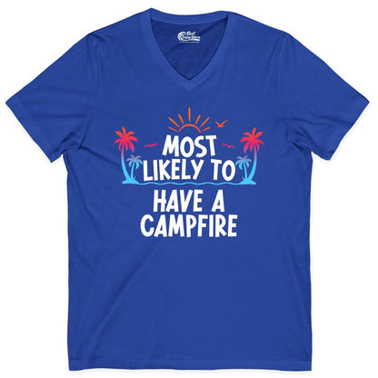 Most Likely to Have a Campfire Shirt - Tropical Camping Tee (V-Neck) in True Royal - Most Likely to Have a Campfire Tropical Sunset Palm Trees Shirt