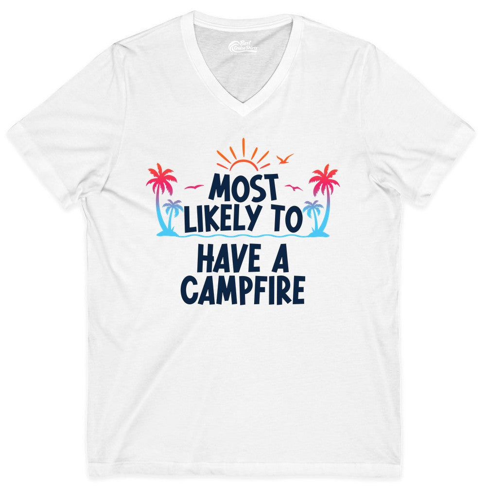 Most Likely to Have a Campfire Shirt - Tropical Camping Tee (V-Neck) in White - Most Likely to Have a Campfire Tropical Sunset Palm Trees Shirt