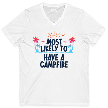 Most Likely to Have a Campfire Shirt - Tropical Camping Tee (V-Neck) in White - Most Likely to Have a Campfire Tropical Sunset Palm Trees Shirt