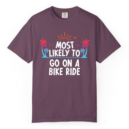 Most Likely to Go On a Bike Ride Shirt - Tropical Sunset Tee (Comfort Color) in Berry - Most Likely To Go On A Bike Ride Tropical Sunset Palm Trees Shirt
