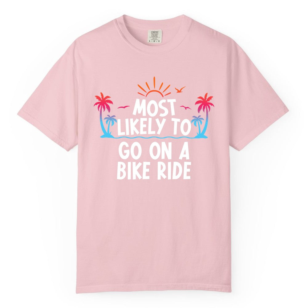 Most Likely to Go On a Bike Ride Shirt - Tropical Sunset Tee (Comfort Color) in Blossom - Most Likely To Go On A Bike Ride Tropical Sunset Palm Trees Shirt