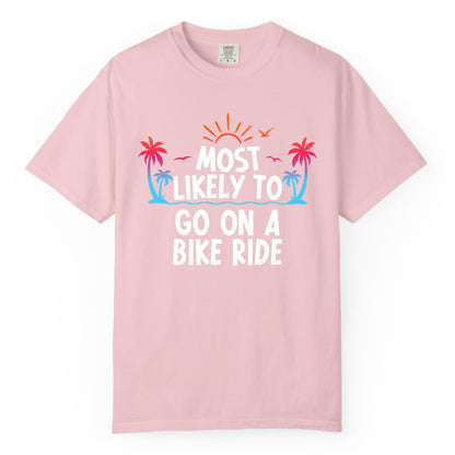 Most Likely to Go On a Bike Ride Shirt - Tropical Sunset Tee (Comfort Color) in Blossom - Most Likely To Go On A Bike Ride Tropical Sunset Palm Trees Shirt