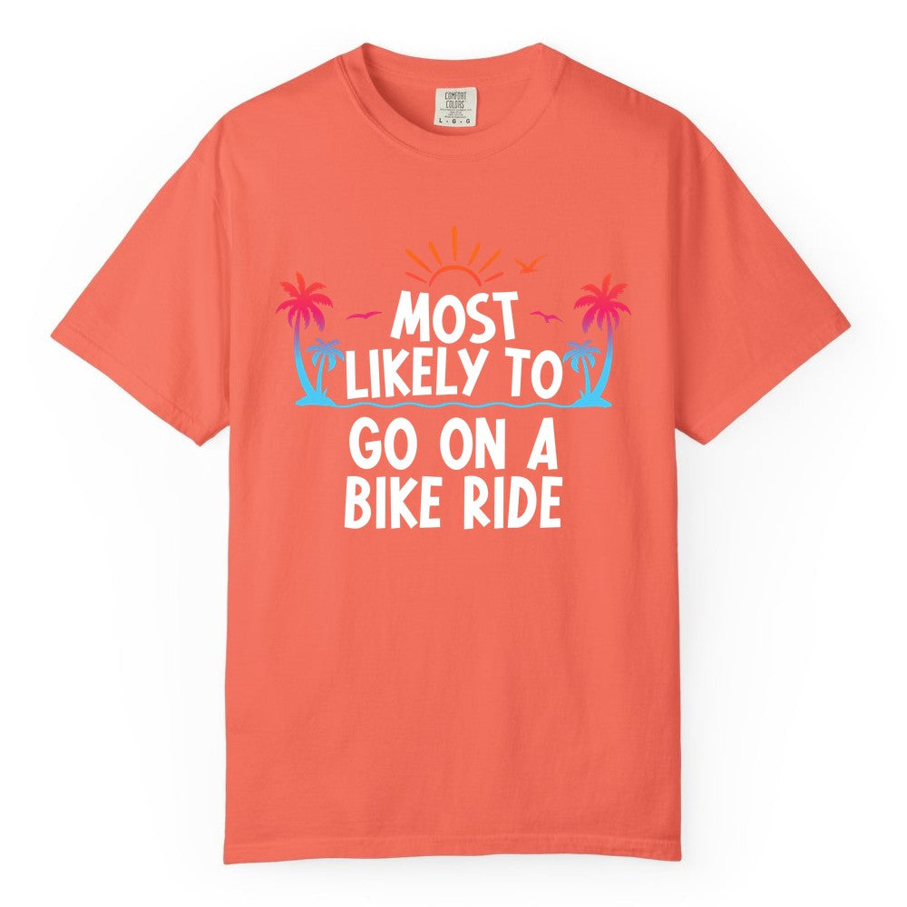 Most Likely to Go On a Bike Ride Shirt - Tropical Sunset Tee (Comfort Color) in Bright Salmon - Most Likely To Go On A Bike Ride Tropical Sunset Palm Trees Shirt