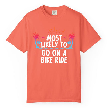 Most Likely to Go On a Bike Ride Shirt - Tropical Sunset Tee (Comfort Color) in Bright Salmon - Most Likely To Go On A Bike Ride Tropical Sunset Palm Trees Shirt