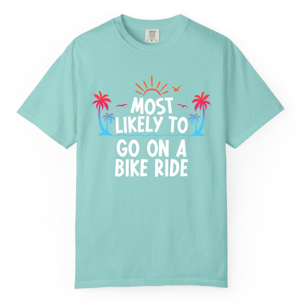 Most Likely to Go On a Bike Ride Shirt - Tropical Sunset Tee (Comfort Color) in Chalky Mint - Most Likely To Go On A Bike Ride Tropical Sunset Palm Trees Shirt