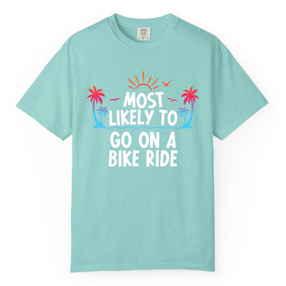 Most Likely to Go On a Bike Ride Shirt - Tropical Sunset Tee (Comfort Color) in Chalky Mint - Most Likely To Go On A Bike Ride Tropical Sunset Palm Trees Shirt