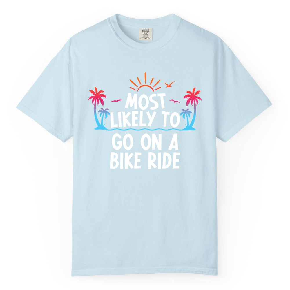 Most Likely to Go On a Bike Ride Shirt - Tropical Sunset Tee (Comfort Color) in Chambray - Most Likely To Go On A Bike Ride Tropical Sunset Palm Trees Shirt