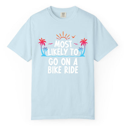 Most Likely to Go On a Bike Ride Shirt - Tropical Sunset Tee (Comfort Color) in Chambray - Most Likely To Go On A Bike Ride Tropical Sunset Palm Trees Shirt