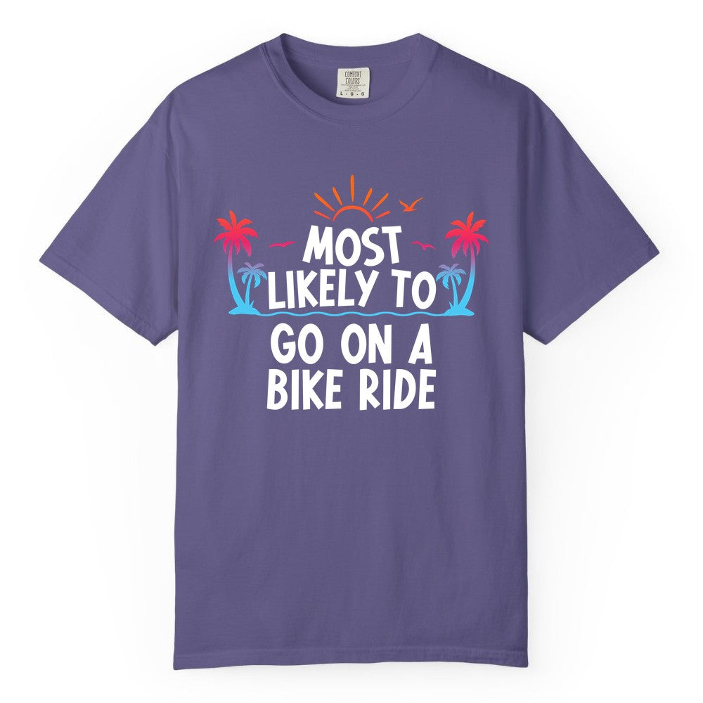 Most Likely to Go On a Bike Ride Shirt - Tropical Sunset Tee (Comfort Color) in Grape - Most Likely To Go On A Bike Ride Tropical Sunset Palm Trees Shirt