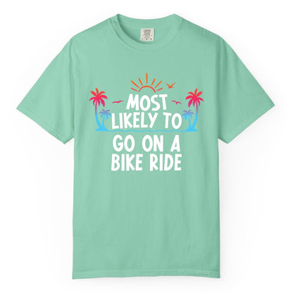Most Likely to Go On a Bike Ride Shirt - Tropical Sunset Tee (Comfort Color) in Island Reef - Most Likely To Go On A Bike Ride Tropical Sunset Palm Trees Shirt