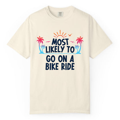 Most Likely to Go On a Bike Ride Shirt - Tropical Sunset Tee (Comfort Color) in Ivory - Most Likely To Go On A Bike Ride Tropical Sunset Palm Trees Shirt