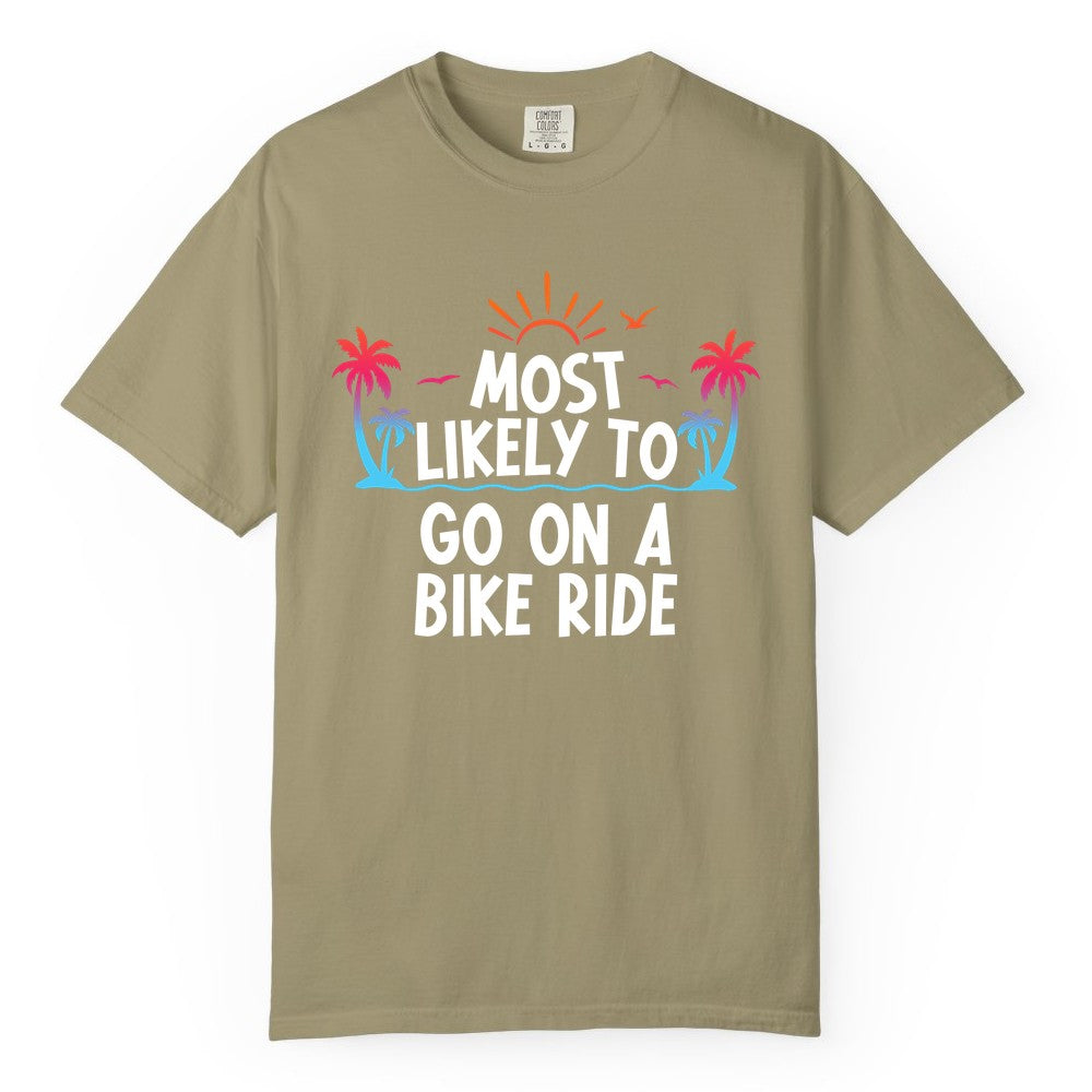 Most Likely to Go On a Bike Ride Shirt - Tropical Sunset Tee (Comfort Color) in Khaki - Most Likely To Go On A Bike Ride Tropical Sunset Palm Trees Shirt