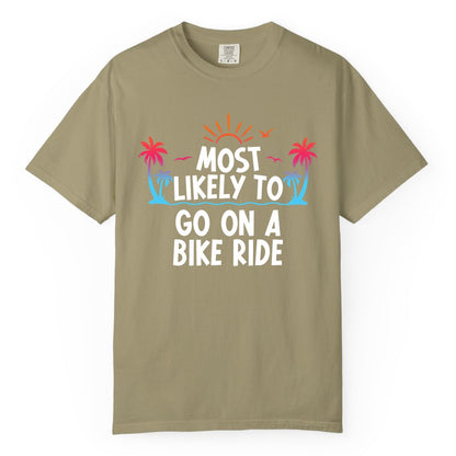 Most Likely to Go On a Bike Ride Shirt - Tropical Sunset Tee (Comfort Color) in Khaki - Most Likely To Go On A Bike Ride Tropical Sunset Palm Trees Shirt
